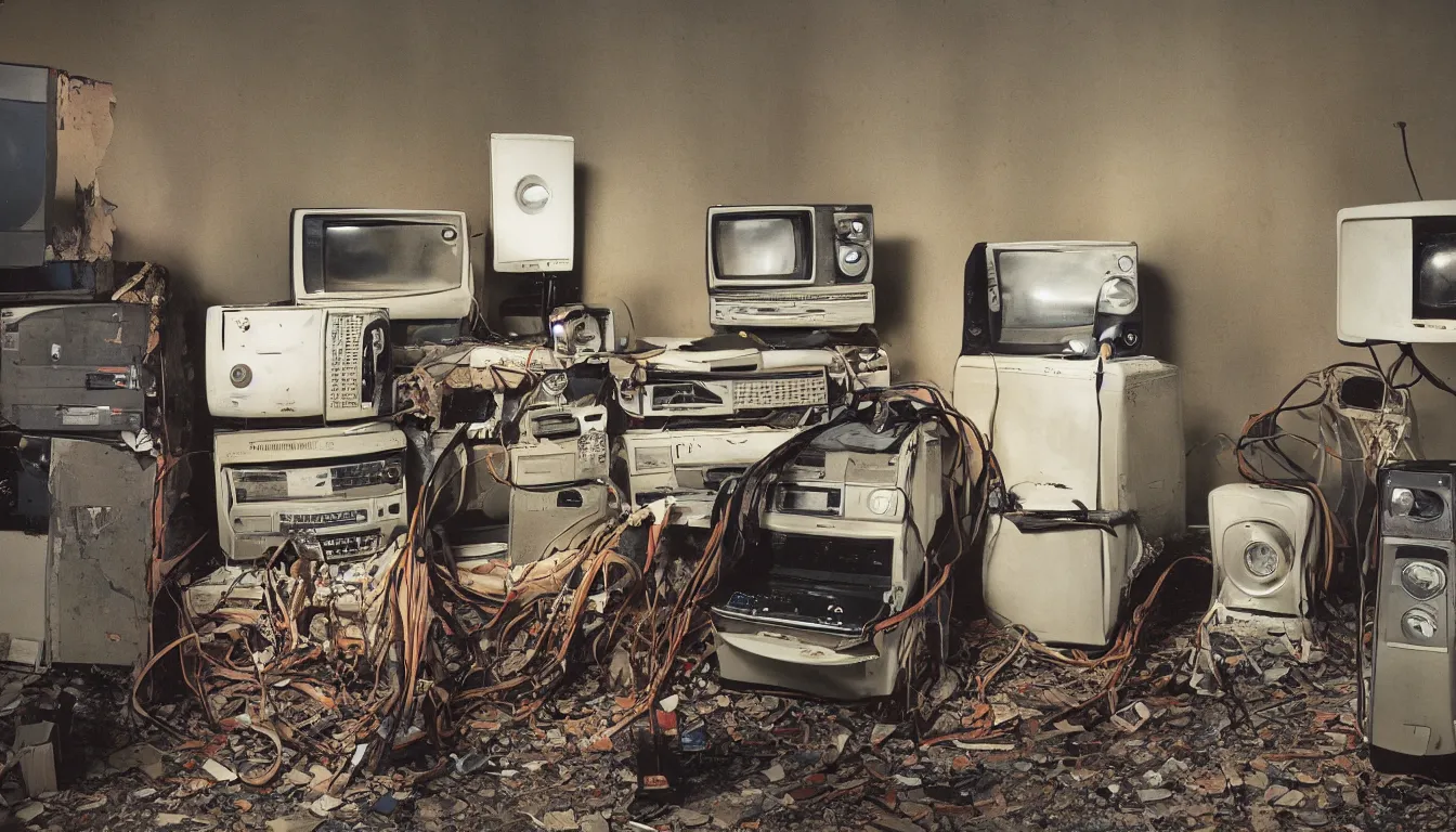 Prompt: In an decaying abandoned call centre office at night , A skinny old Man with a old television on his back ,flexible industrial pipes join his ears and mouth to the television, fibres trial on the floor ,Kodak portra 400 , volumetric lighting ,upscale ,