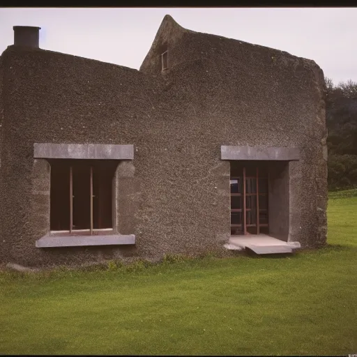 Prompt: scottish blackhouse designed by le corbusier. fujinon premista 1 9 - 4 5 mm t 2. 9. portra 8 0 0.