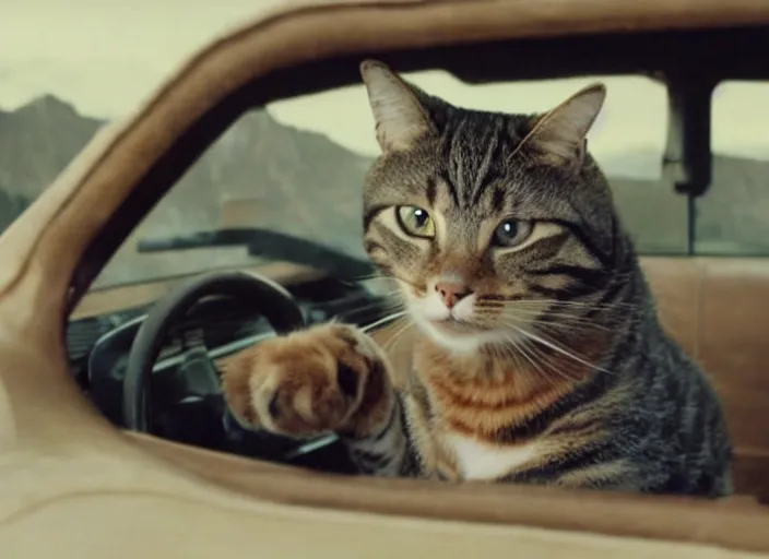 Image similar to A very high resolution image from a new movie, a cat driving a car around, inside of a car , mountains, Polaroid, directed by wes anderson