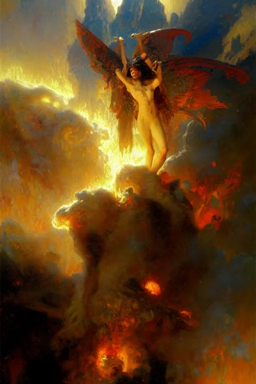 Image similar to War between heaven and hell, painting by Gaston Bussiere, Craig Mullins