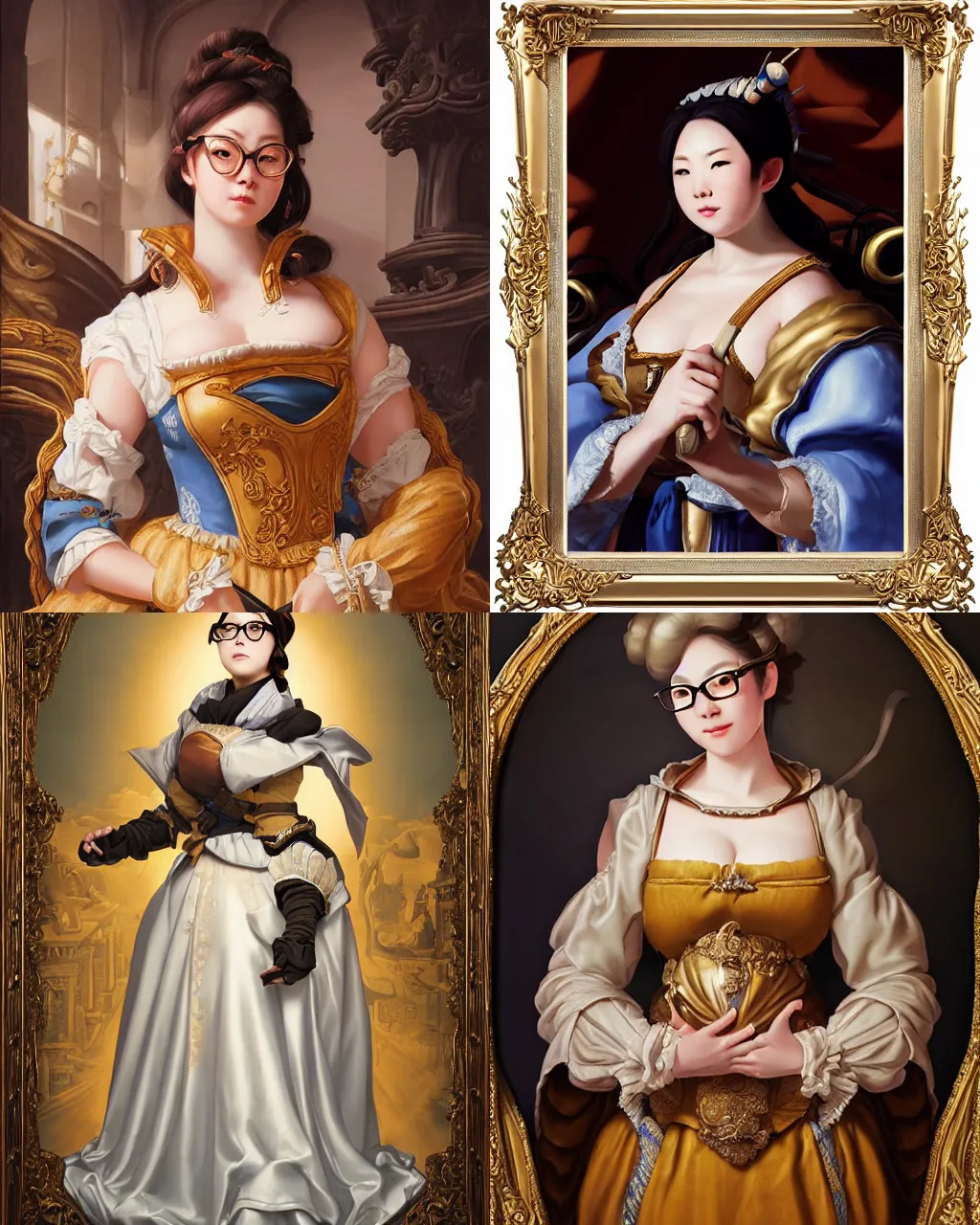 Prompt: detailed baroque painting of mei from overwatch as an elegant medieval noblewoman, jeff easley and dan mumford beautiful soft silky dress, intricate, soft lighting, hyper realistic, mood light, golden hour, glasses |