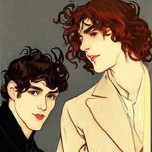 Prompt: two young gorgeous men, cute handsome beautiful dark medium wavy hair man in his 2 0 s named shadow taehyung and young cute handsome dark red medium length curly hair man named maximo together at the halloween party, elegant, wearing suits!, modest!!, delicate facial features, art by alphonse mucha, vincent van gogh, egon schiele