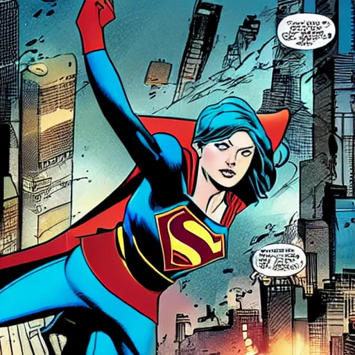 Image similar to in the style of Rafael Albuquerque comic art, Supergirl rushing to help the citizens of Liberty City.