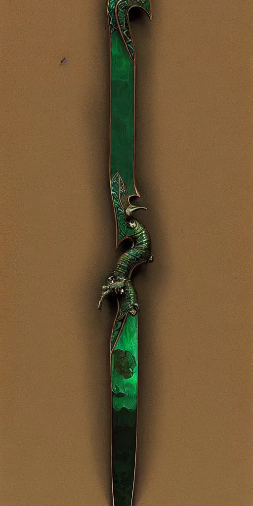 Prompt: a curved sword in the style of zdzisław beksinski, elegant, copper and emerald inlay, brilliant