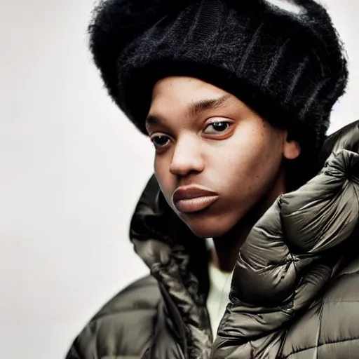 Image similar to realistic photoshooting for a new balenciaga lookbook color film photography close up portrait of a beautiful woman model, model wears a puffer jacket, photo in style of tyler mitchell, ssense