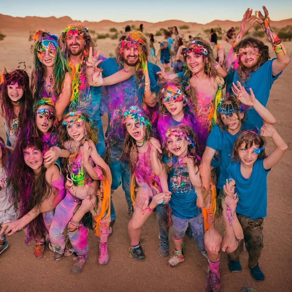 Image similar to family hippy rave in the desert, XF IQ4, 150MP, 50mm, F1.4, ISO 200, 1/160s, dawn