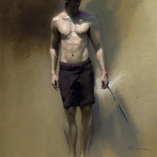 Image similar to a man with an inverted triangle body type, painting by Gaston Bussiere, Craig Mullins