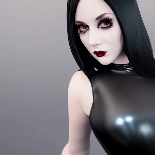 Image similar to portrait of a curvy feminine pale goth cutie in a modest intricate latex-leather-rubber tight neck-high dress, with a thin waist, rubber stockings, cgsociety, photorealistic, sublime-comfy-elegant ambience, 16k, smooth, sharp focus, trending on ArtStation, volumetric lighting, fully clothed, worksafe