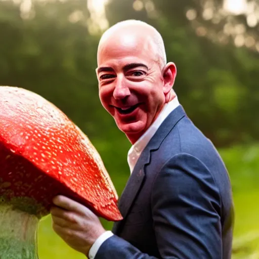 Image similar to portrait photo of jeff bezos finding a giant red mushroom, exhilarated, portrait, closeup. mouth open, 30mm, bokeh