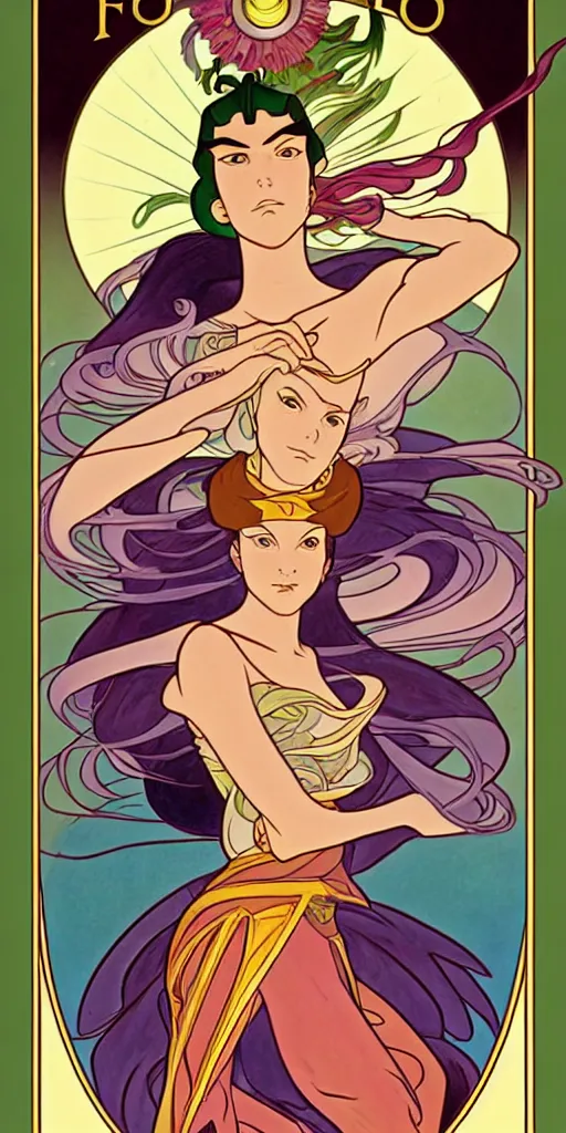 Image similar to the fool, rider tarot card with an art deco boarder, high quality, digital painting, by don bluth and ross tran and studio ghibli and alphonse mucha, artgerm