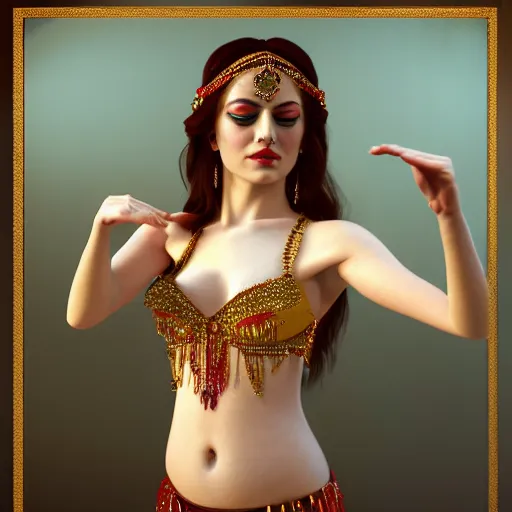 Prompt: a photorealistic portrait of actress emma stone dressed as a belly dancer, arabian night, volumetric lightening, octane render, high quality, fully detailed, 4 k, in focus sharp face with fine details, realistic hands and anatomical composition, inspired by belly dancer on youtube, alphonse mucha, masterpiece, stunning