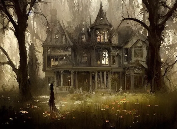 Prompt: gothic mansion, ornate, magical, artwork, paint, sunny, serene, trees, bastien lecouffe deharme, by jeremy mann