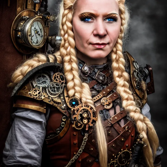 Image similar to portrait photograph of a real-life female steampunk viking, Extremely detailed. 8k