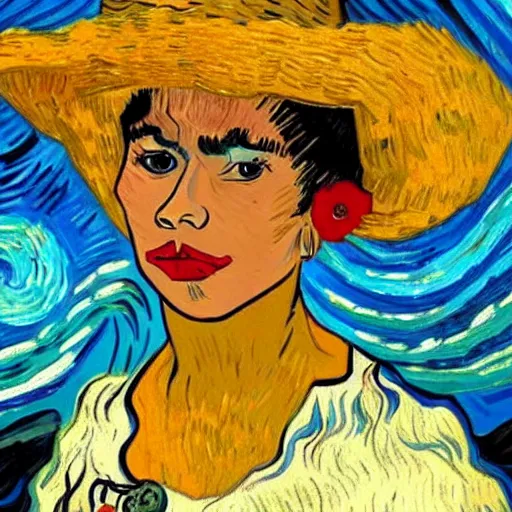 Image similar to beautiful tan mexican woman, dancing in a field of roses, prominent rosy cheek bones, black hair and brown eyes, van gogh art style,