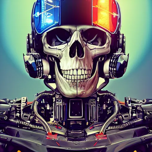 Prompt: a portrait of an cyborg vintage skull no teeth in a racing helmet by sandra chevrier, detailed render, epic composition, cybernetics, 4 k realistic, cryengine, realistic shaded lighting, sharp focus, masterpiece, by matteo scalera, gary montalbano, peter elson in the style of the tokyo ghost comic