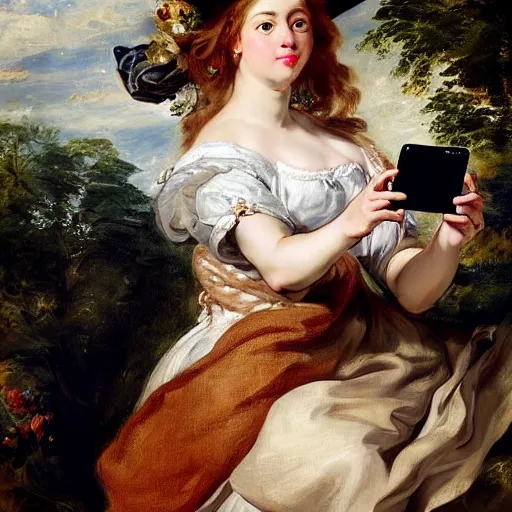 Image similar to heavenly summer sharp land sphere scallop well dressed lady taking a selfie with her iphone auslese, by peter paul rubens and eugene delacroix and karol bak, hyperrealism, digital illustration, fauvist, iphone