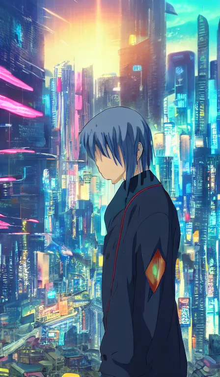 Image similar to anime fine details portrait of Rimuru Tempest in front of cyberpunk moder city landscape on the background deep bokeh, close-up view, anime masterpiece by Studio Ghibli. 8k, sharp high quality anime, artstation