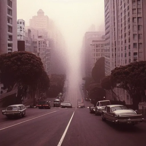 Prompt: photograph of San Francisco, fog, Hasselblad 500c, 1960s