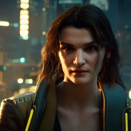 Image similar to a younger rachel weisz in cyberpunk 2 0 7 7, unreal engine 5 4 k, hyperdetailed photorealism