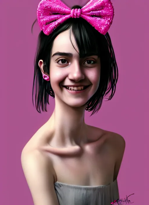 Image similar to portrait of high school girl, realistic, black hair, bangs, half updo hairstyle, pointy nose, skinny, smile, ugly, defined jawline, big chin, pink hair bow, earrings, intricate, elegant, glowing lights, highly detailed, digital painting, artstation, sharp focus, illustration, art by wlop, mars ravelo and greg rutkowski