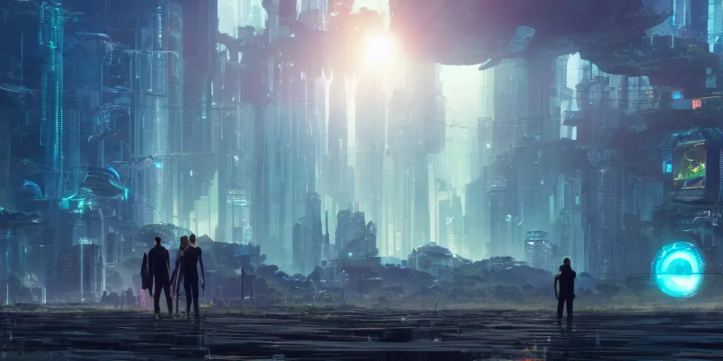 Prompt: a cinematic composition depicting : a translucid crystal - being viewing how a lush solarpunk civilization with their technology is encroaching on a distant cyberpunk world at sunrise