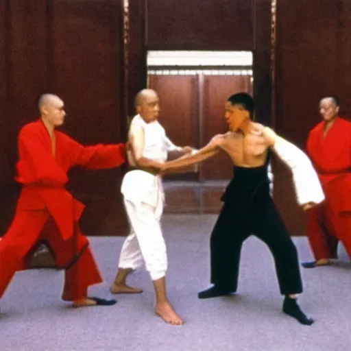 Image similar to Donald Trump versus Obama, kung fu fight, film still from the 36th Chamber of Shaolin