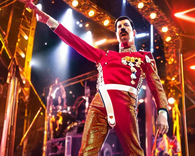 Image similar to 4 k hd, high resolution photograph of freddy mercury, full colour, shot with sigma f / 4. 2, 2 5 0 mm sharp lens, wide shot, high level texture render