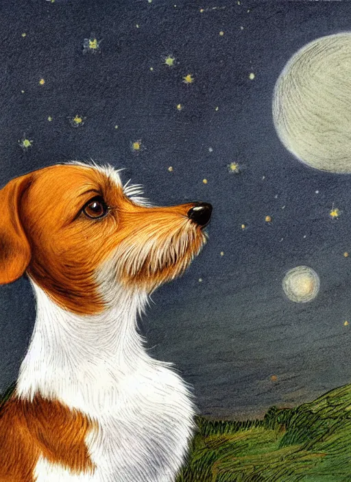 Image similar to portrait of jack russel dog looking up and howling with mouth open sad, night sky, highly detailed, side view, illustrated by peggy fortnum and beatrix potter and sir john tenniel