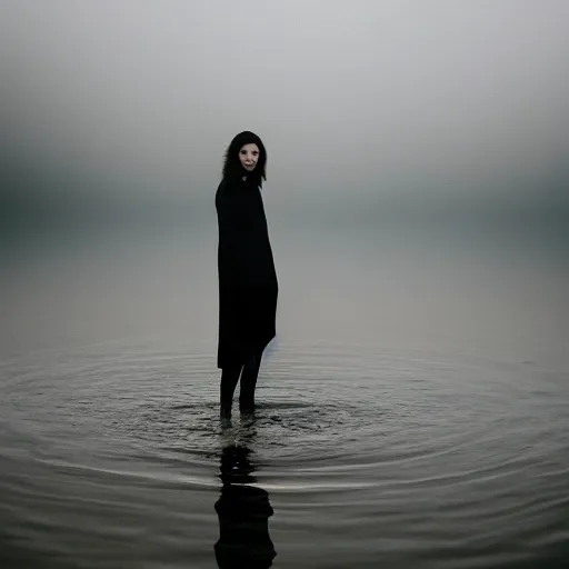 Image similar to a woman, standing in shallow endless water, foggy, backlit, backlit, photo by Marat Safin, Canon EOS R3, f/1.4, ISO 200, 1/160s, 8K, RAW, unedited, symmetrical balance, in-frame