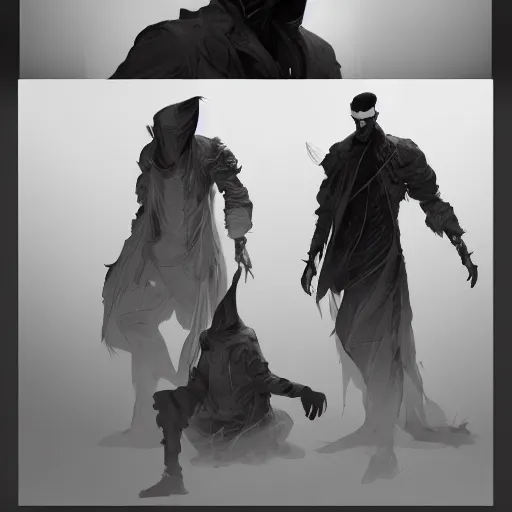 Image similar to a set of men's clothing designs worn by magic wizards, black and white tones, 2 d game art, design by cory loftis, fenghua zhong, ryohei hase, ismail inceoglu and ruan jia. artstation, volumetric light, detailed, photorealistic, fantasy, rendered in octane