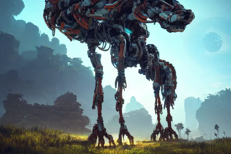 Image similar to tallneck machine mecanical creature robot of horizon forbidden west horizon zero dawn bioluminiscence global illumination ray tracing hdr fanart arstation by ian pesty and alena aenami artworks in 4 k