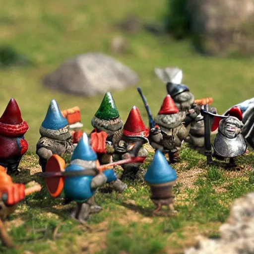Image similar to garden gnomes fight the battle of helms deep, cute, tilt shift, award winning, highly textured
