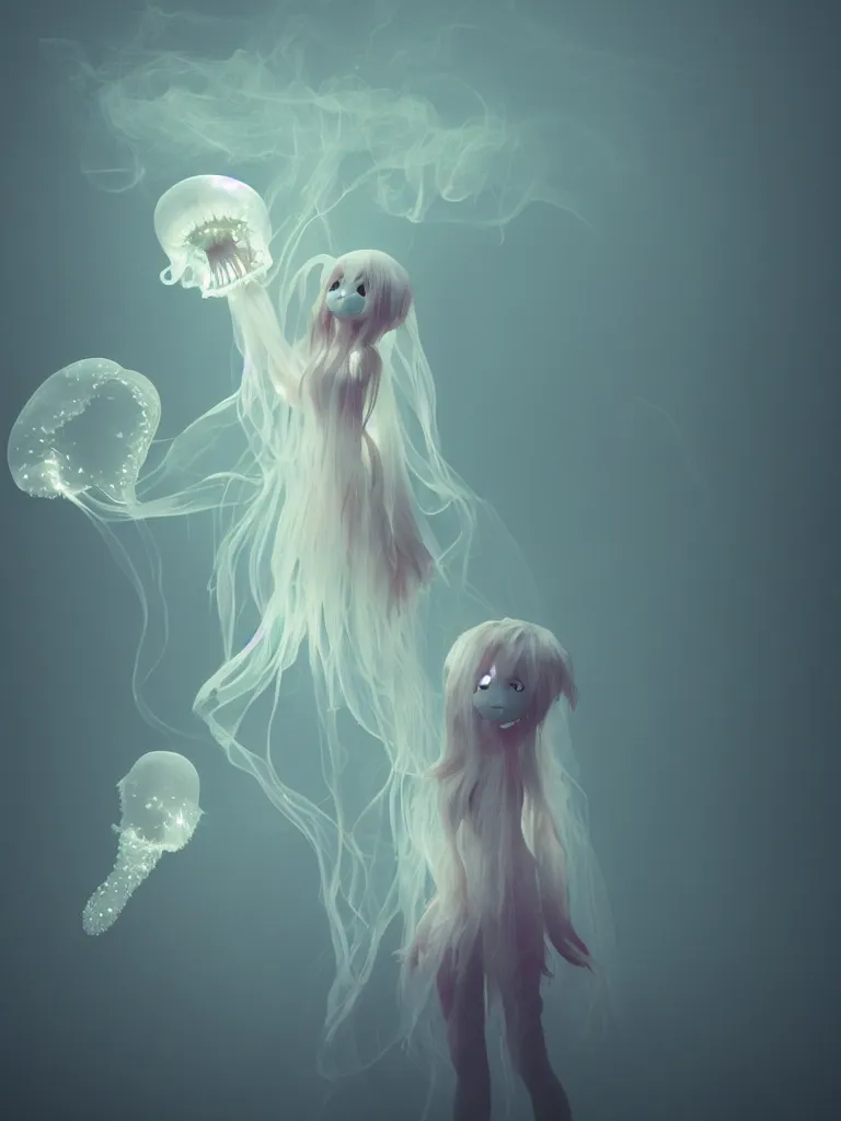 Image similar to cute fumo plush smiling ectoplasmic gothic jellyfish ghost girl, dancing on a foggy riverbank, glowing wisps of hazy smoke, lens flare, vignette, refraction, vray