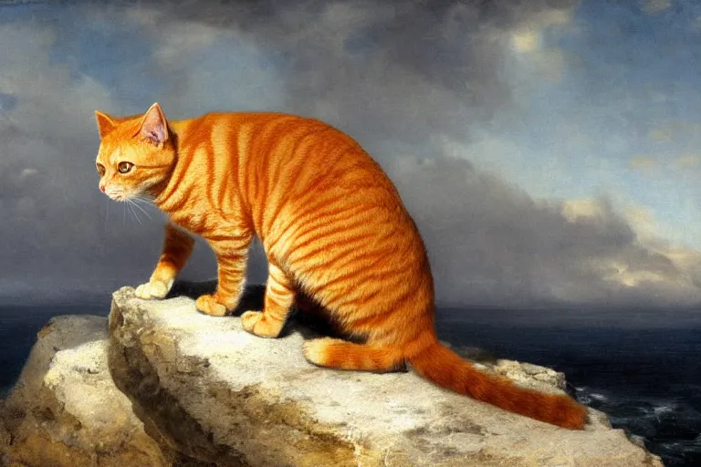 Prompt: orange tabby cat sitting on a rock looking over the ocean, realistic lighting, highly detailed, rule of thirds, by charles angrand, peder balke