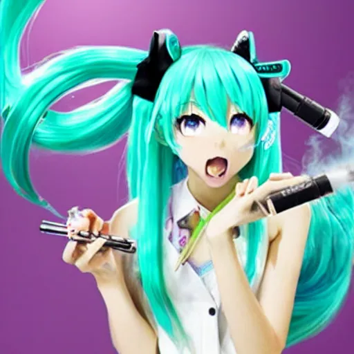 Image similar to hatsune miku getting high by smoking weed with a vape pen, smoke everywhere