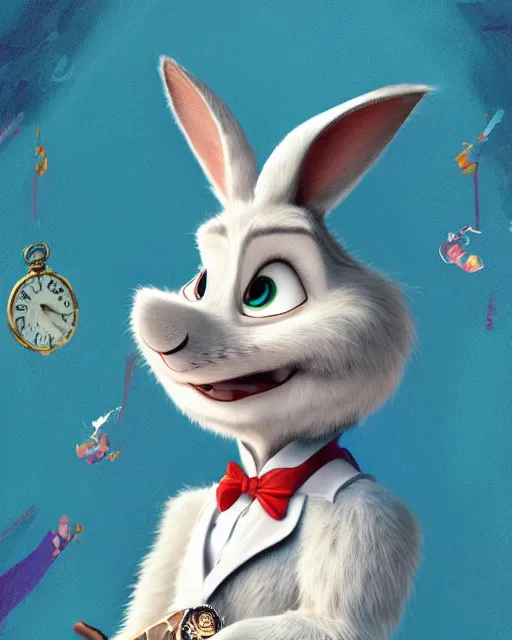 Image similar to portrait of a smiling white rabbit from alice in wonderland, zootopia movie style, looking at his pocket watch, digital art, 4k, award winning