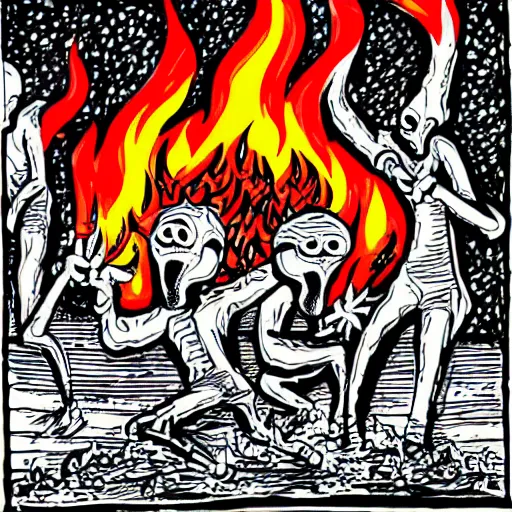 Image similar to Black skeletons burning in white fire, comic style, horror image