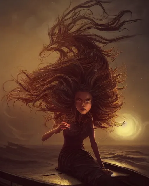 Image similar to Mind Flayers, wind-like hair posing on a boat, at night, highly detailed, fantasy art, in the style of greg rutkowski, illustration, epic, fantasy, intricate, hyper detailed, artstation, concept art, smooth, sharp focus, ray tracing