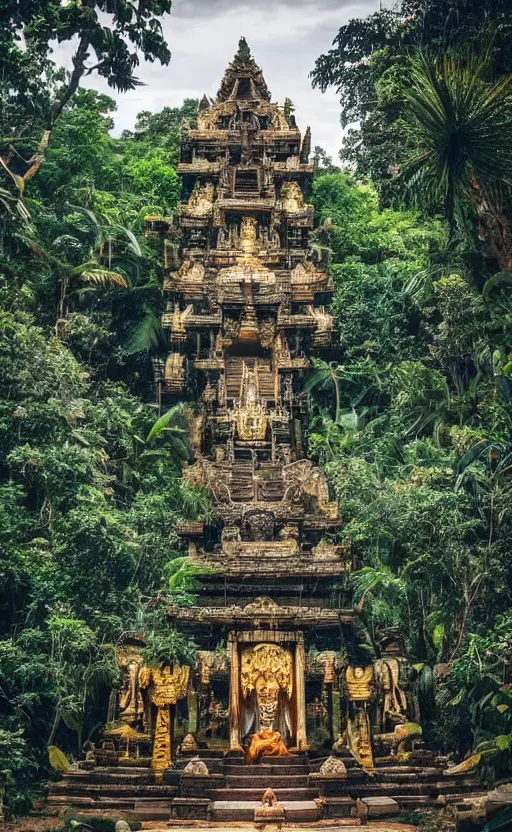 Image similar to a huge magical temple in the middle of a jungle, epic lighting, epic composition ,marble shrine