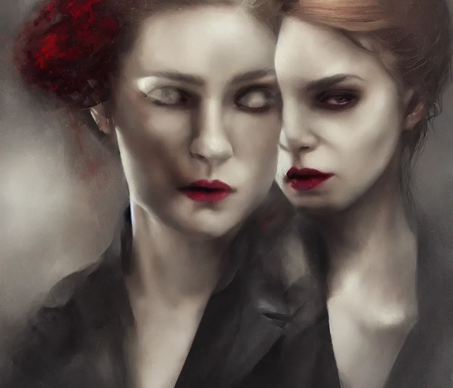 Prompt: a photorealistically painted portrait of lady vampire!!!!, dressed in a suit, perfect face!!!, beautiful eyes!!, digital painting, concept art, minimal artifacts, volumetric lighting, Artgerm and William-Adolphe Bouguerea, in the style of Tom Bagshaw, cinematic!!, stunning!, trending on Artstation!, award winning art!!!