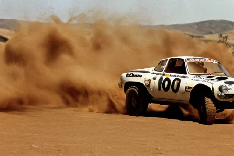 Image similar to 1 9 6 8 dino, mid - 7 0 s dakar rally footage, speed