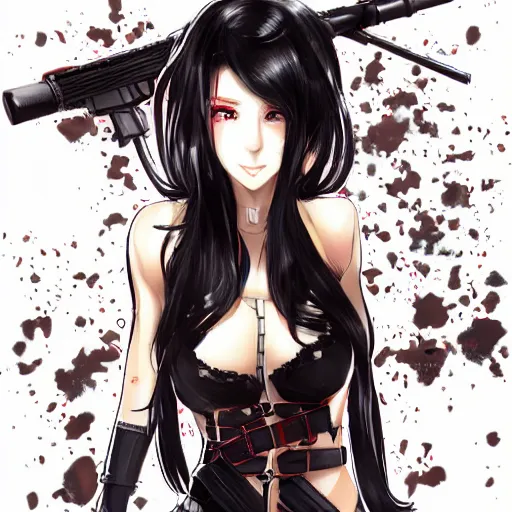 Image similar to upper body portrait of a beautiful girl with long black hair, wearing black riot gear, holding AR-15, drawn by WLOP, by Avetetsuya Studios, attractive character, colored sketch anime manga panel, trending on Artstation