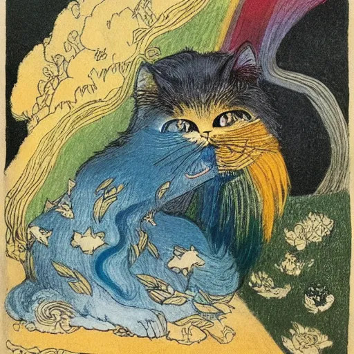 Prompt: model clay flowing rainbow cat by susan herbert and hiroshige ii and theophile steinlen and louis wain and min zhen and arthur rackham and pierre bonnard and bonnie mclean and wes wilson, 8 k, artstation