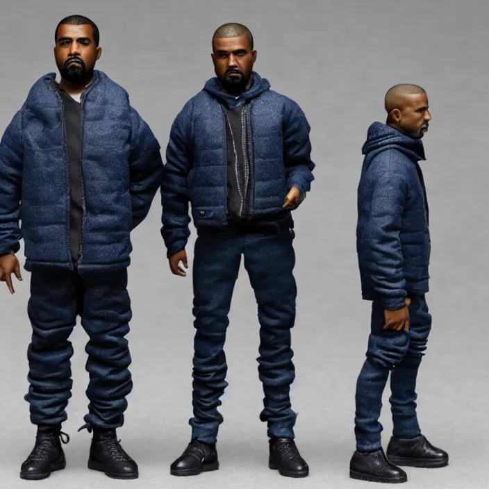 Prompt: a hot toys figure of kanye west using full face - covering cloth. a small, tight, undersized reflective bright blue round puffer jacket made of nylon. a black shirt underneath. dark jeans pants. a pair of big black rubber boots, figurine, detailed product photo