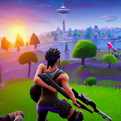 Image similar to a screenshot of a fortnite game, taking place in the city of seattle