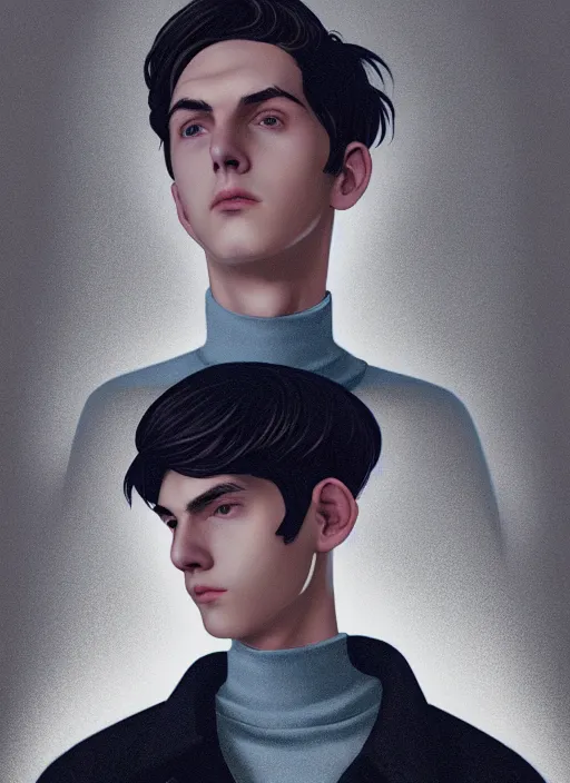 Image similar to portrait of teenage jughead jones wearing a light grey crown, crown, blue turtleneck, closed eyes, photorealistic, black hair, glowing lighting, intricate, elegant, glowing lights, highly detailed, digital painting, artstation, concept art, smooth, sharp focus, illustration, art by wlop, mars ravelo and greg rutkowski