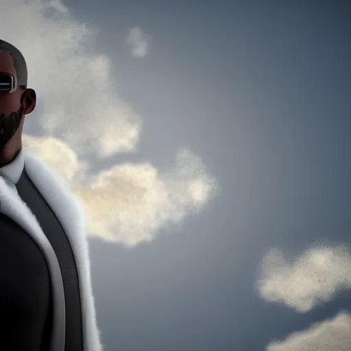 Image similar to beautiful 3D rendered fictional black man character made of fluffy clouds, wearing white suit, realistic, 8k, 4k, unreal engine, by Antoni Tudisco, artstation