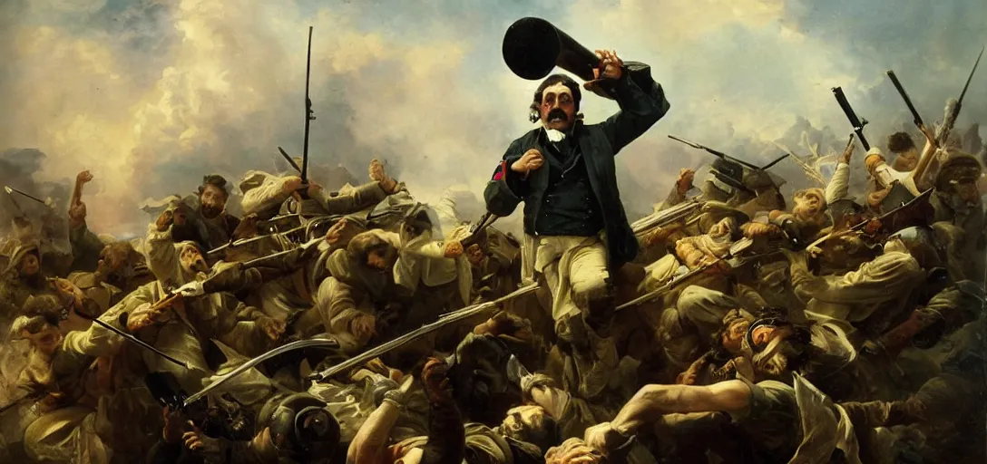 Image similar to a moustached frenchman holding a gpu above his head triumphantly during a battlefield victory, romanticism painting, hyper detailed