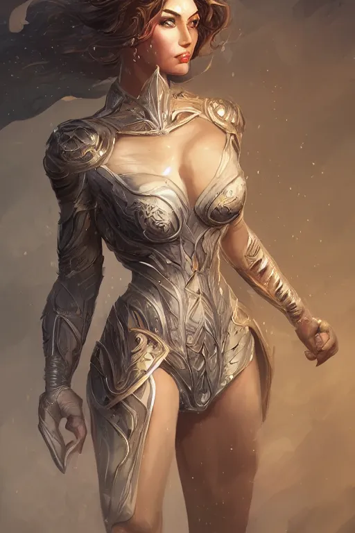 Prompt: three-quarters portrait pose of a beautiful woman, strong body,super heroine costume, human super powers, fantasy, intricate, elegant, highly detailed, digital painting, artstation, concept art,shining, sharp focus,D&D, illustration, art by Stanley Lau