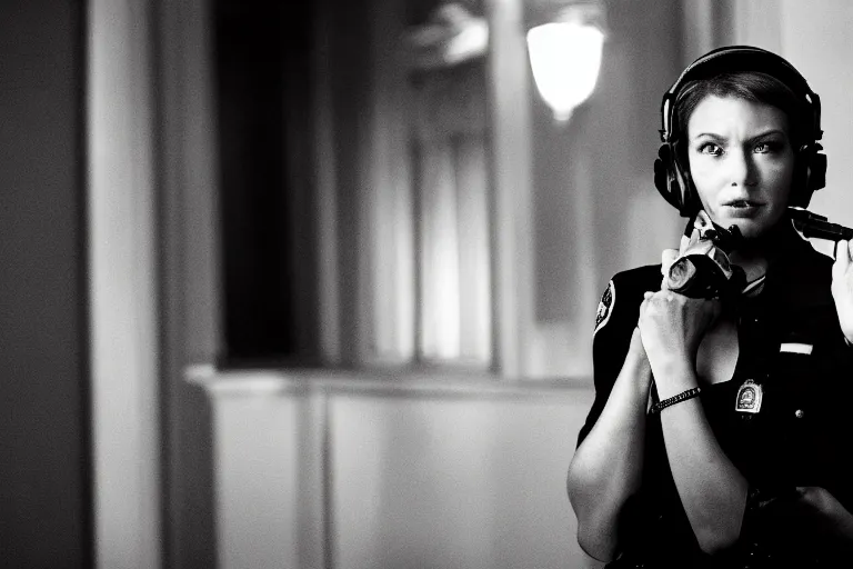 Prompt: cinematography closeup portrait of a beautiful woman cop talking to her shoulder radio in an decadent mansion foyer by Emmanuel Lubezki